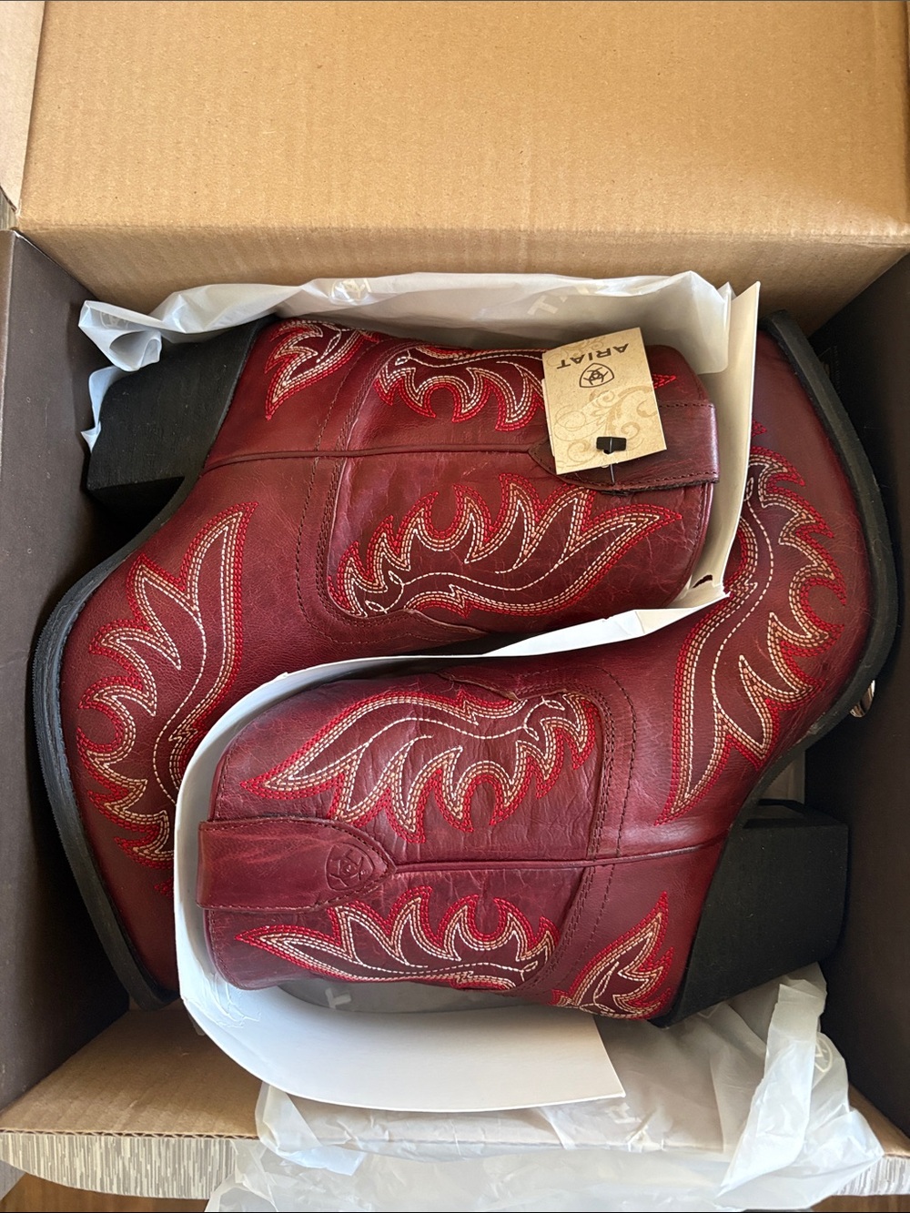 Ariat Red Western Ankle Boots with White Stitching